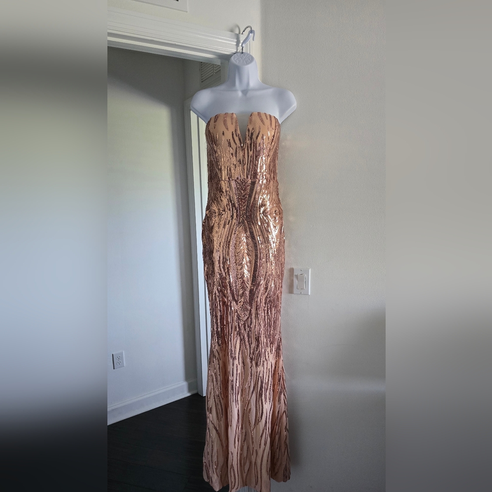 Rose gold elegant Strapless Sequin Gown with mesh detail